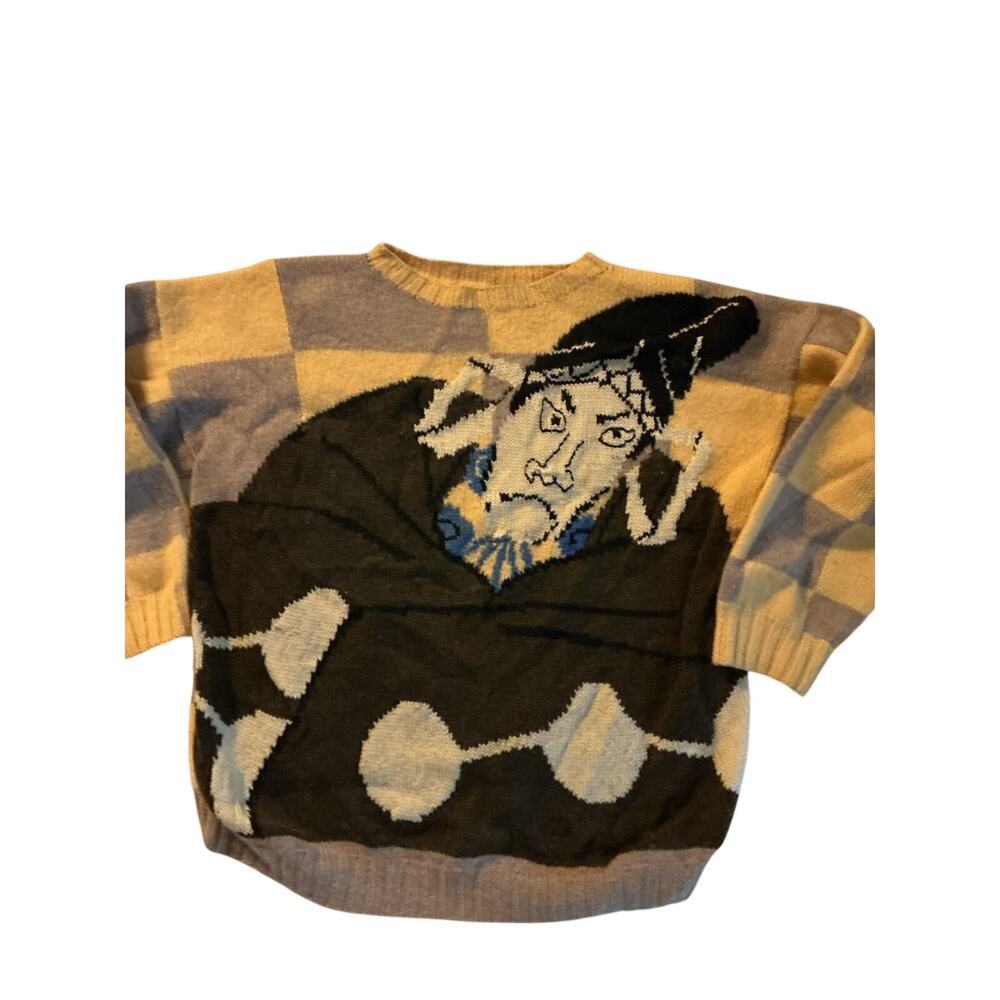 Vtg 80s Kansai Yamamoto Style Kabuki Graphic Intarsia Knit Sweater Lg handmade